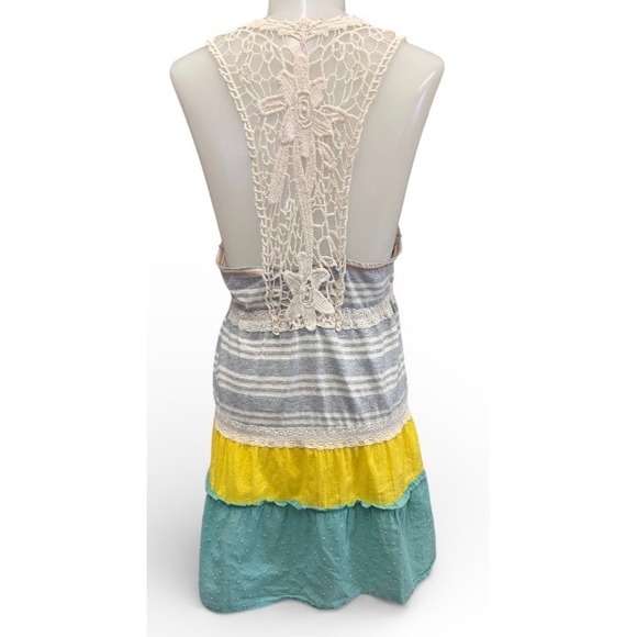 Daytrip L Large Tiered Boho Crochet Lace Trim Striped Tank Mini Dress Women's - Picture 3 of 7